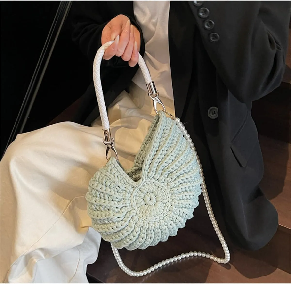 Handwoven Fashion Seashell Bag for Women,Stylish & Unique Boho Clutch with Pearl Strap,Crochet Leather Handle Beach Bag