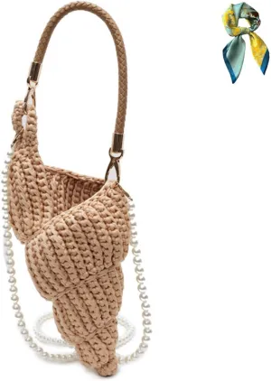 Handwoven Fashion Seashell Bag,Womens Stylish & Unique Boho Clutch with Pearl Strap,Crochet Leather Handle Beach Bag