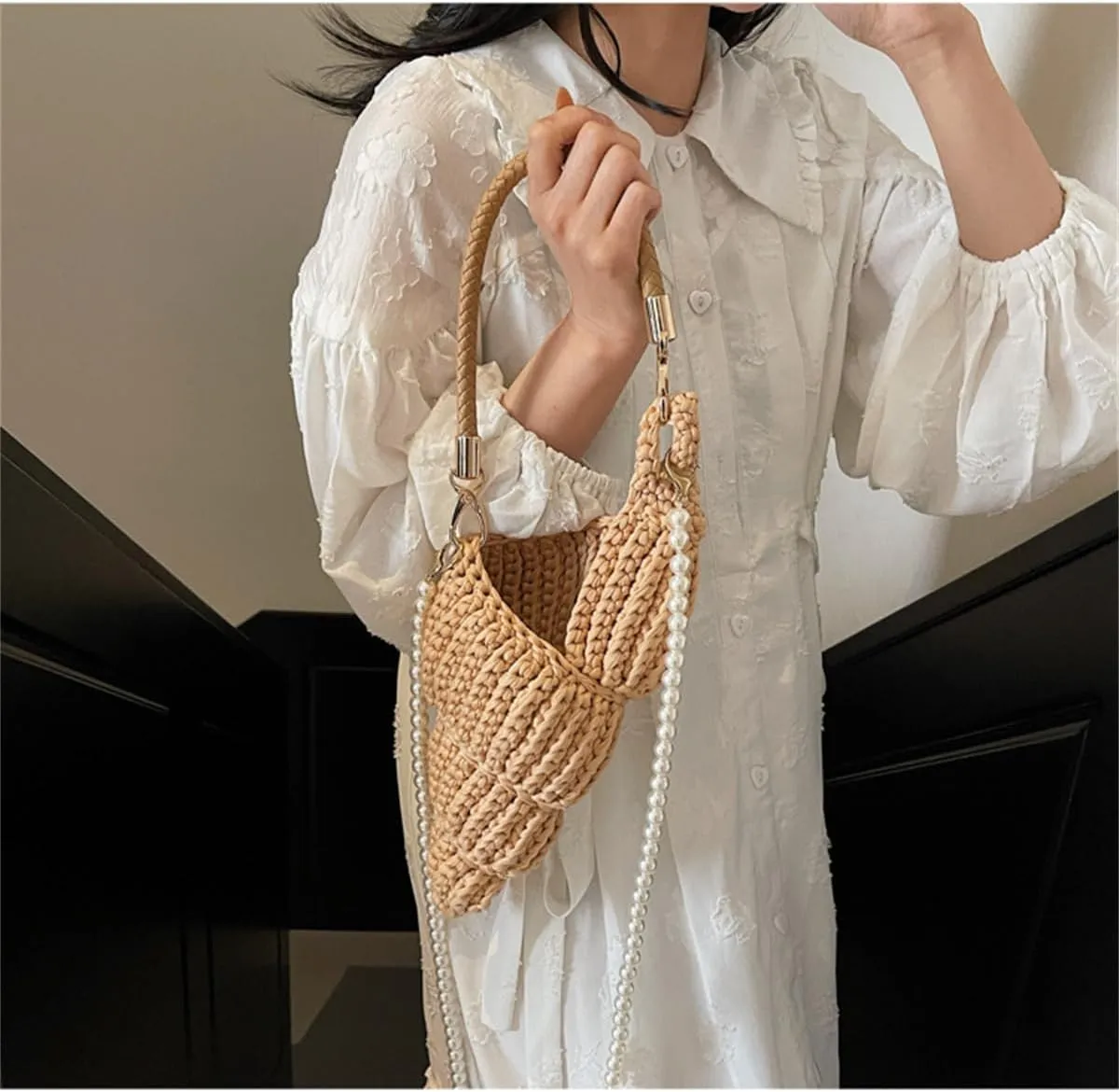 Handwoven Fashion Seashell Bag,Womens Stylish & Unique Boho Clutch with Pearl Strap,Crochet Leather Handle Beach Bag