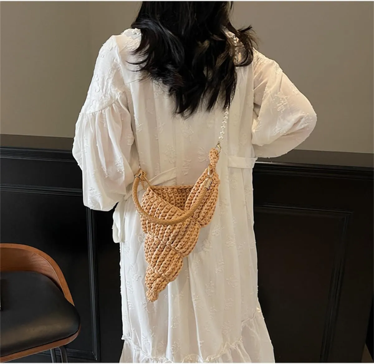 Handwoven Fashion Seashell Bag,Womens Stylish & Unique Boho Clutch with Pearl Strap,Crochet Leather Handle Beach Bag