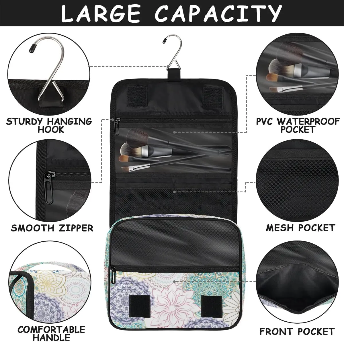 Hanging Toiletry Bag for Women And Men,Mandala Flower Travel Cosmetic Makeup Bag Travel Organizer,Ethnic Waterproof Travel Bag for Toiletries Accessories,Travel Essentials