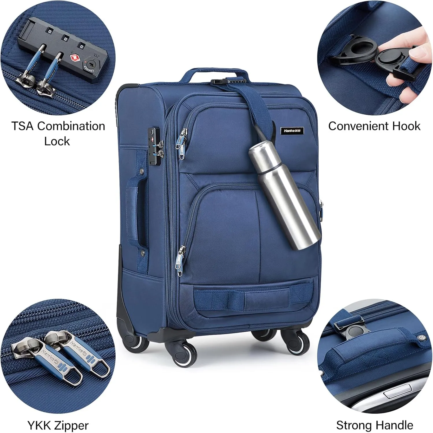 Hanke Softside Expandable Carry On Luggage with spinner wheels, Multi-function Tsa Approved Luggage,Blue,Carry-On 20-Inch