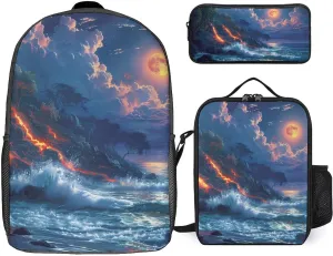 Hawaii Volcanic Eruption Lava in Moon 3Pcs Backpack Set Cute Laptop Backpack Travel Daypack with Lunch Bag Pencil Case