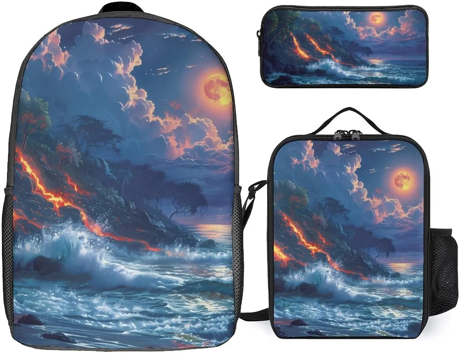 Hawaii Volcanic Eruption Lava in Moon 3Pcs Backpack Set Cute Laptop Backpack Travel Daypack with Lunch Bag Pencil Case