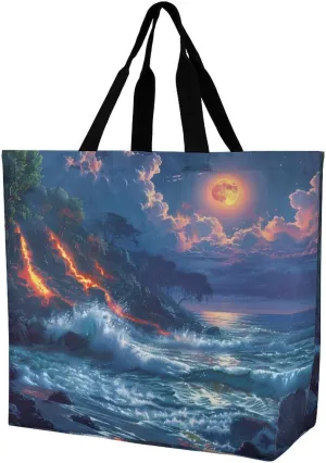 Hawaii Volcanic Eruption Lava in Moon Reusable Shopping Bag with Shoulder Straps Portable Collapsible Grocery Tote Bags