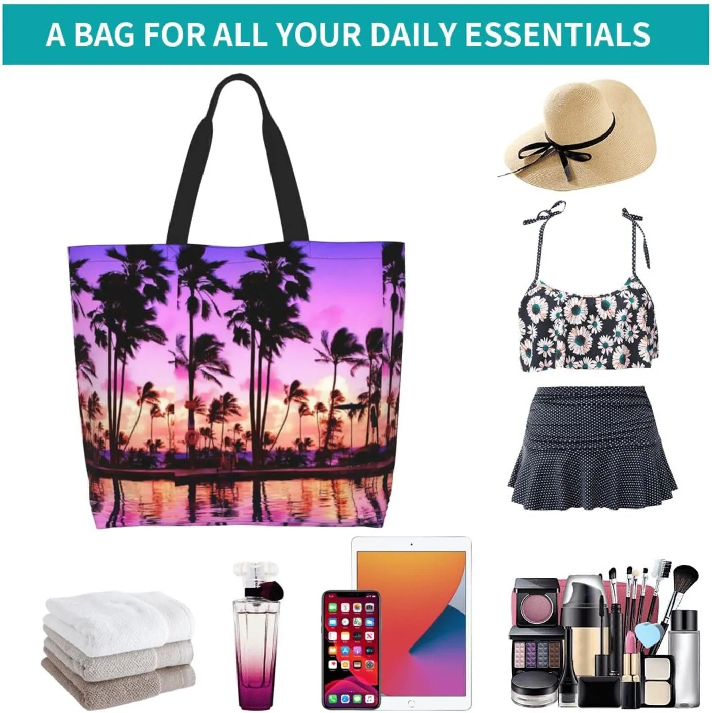 Hawaiian Tropical Pattern Tote Bag Large Women Palm Tree Casual Shoulder Bag Handbag Reusable Shopping Grocery Bag