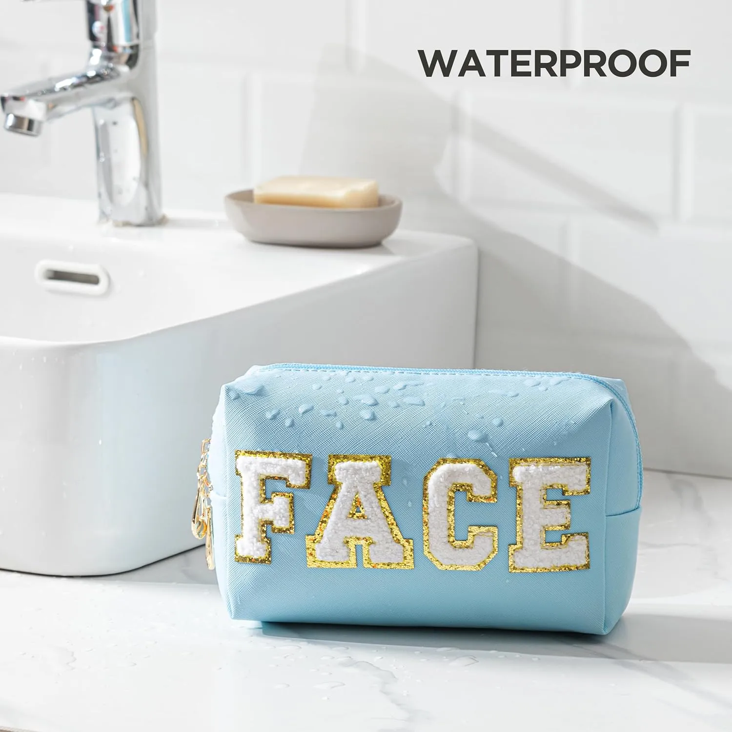 HBselect Mothers Day Gifts for Women Preppy Makeup Bag 4 Pcs Travel Toiletry Bag Chenille Letter Patch Makeup Bag Portable Cosmetic Bag for Women PU Leather Waterproof Organizer Make up Bag for Girls