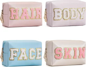 HBselect Mothers Day Gifts for Women Preppy Makeup Bag 4 Pcs Travel Toiletry Bag Chenille Letter Patch Makeup Bag Portable Cosmetic Bag for Women PU Leather Waterproof Organizer Make up Bag for Girls