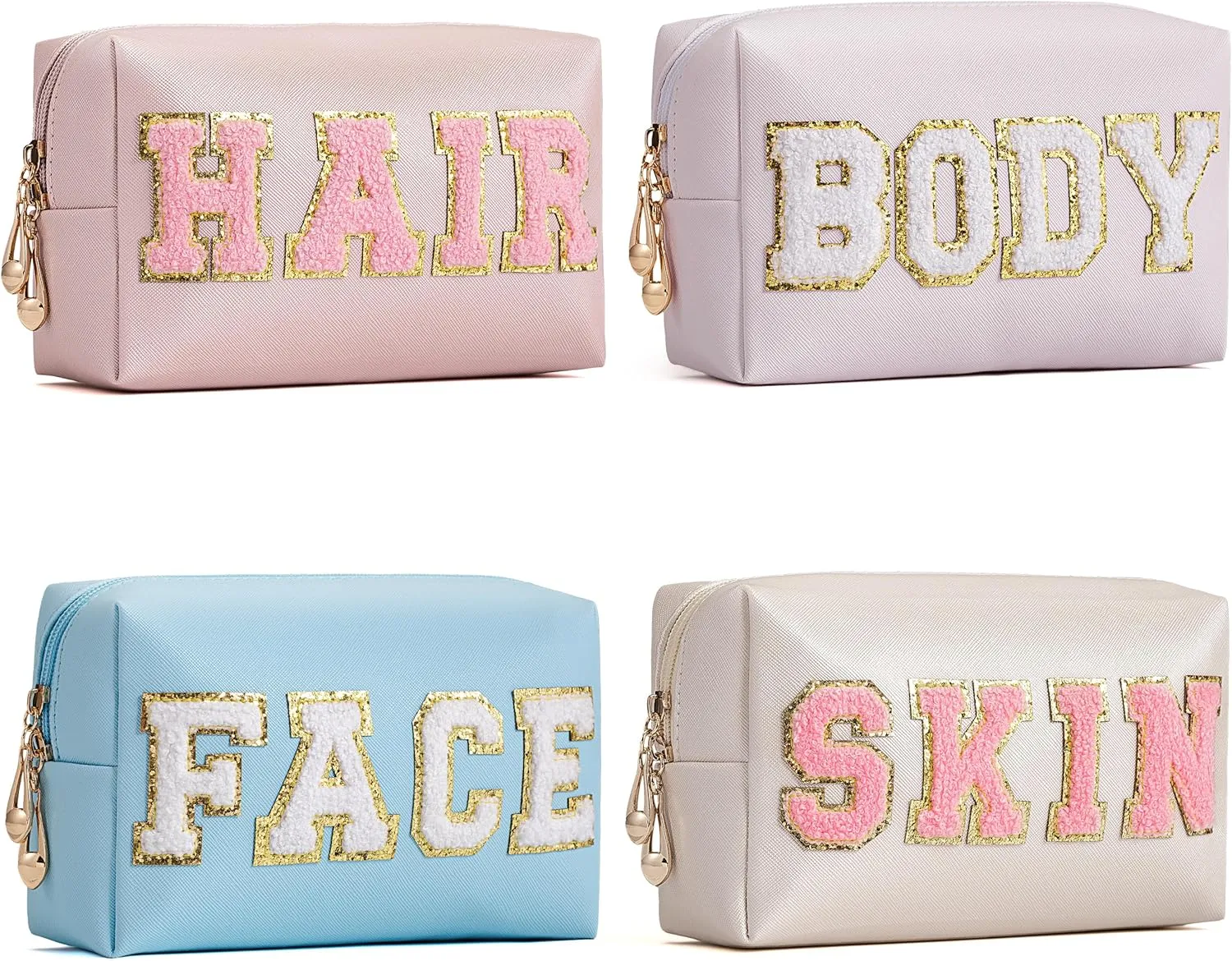 HBselect Mothers Day Gifts for Women Preppy Makeup Bag 4 Pcs Travel Toiletry Bag Chenille Letter Patch Makeup Bag Portable Cosmetic Bag for Women PU Leather Waterproof Organizer Make up Bag for Girls