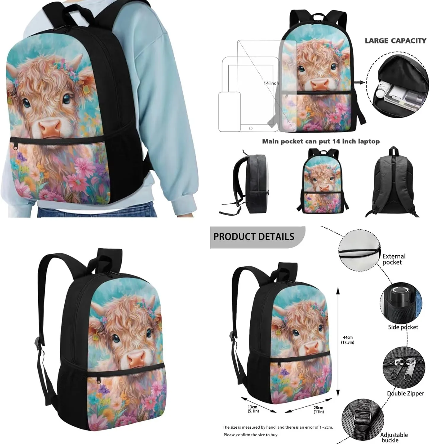 Highland Cow Kindergarten Elementary Backpack for Girls 4-in-1 School Bag with Lunch Bag 6-8 with Padded Straps Cute 2nd Grade Bookbag with Water Bottle Holder Book Bags