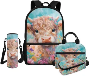 Highland Cow Kindergarten Elementary Backpack for Girls 4-in-1 School Bag with Lunch Bag 6-8 with Padded Straps Cute 2nd Grade Bookbag with Water Bottle Holder Book Bags