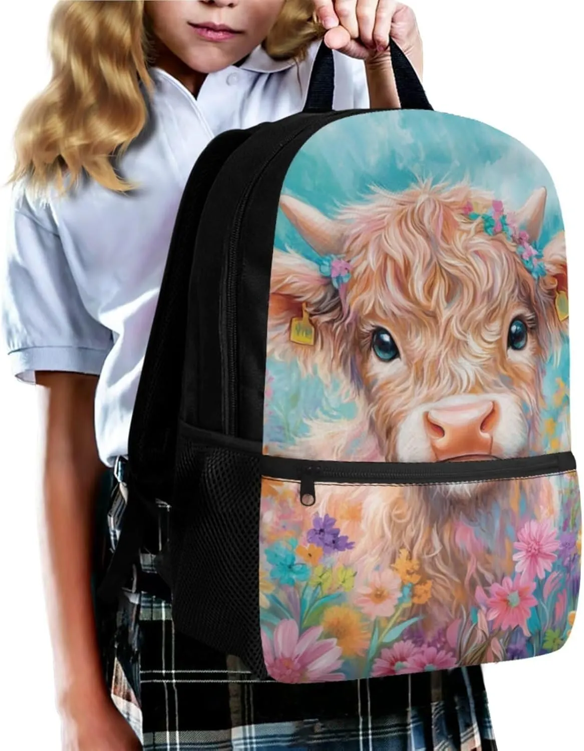Highland Cow Kindergarten Elementary Backpack for Girls 4-in-1 School Bag with Lunch Bag 6-8 with Padded Straps Cute 2nd Grade Bookbag with Water Bottle Holder Book Bags