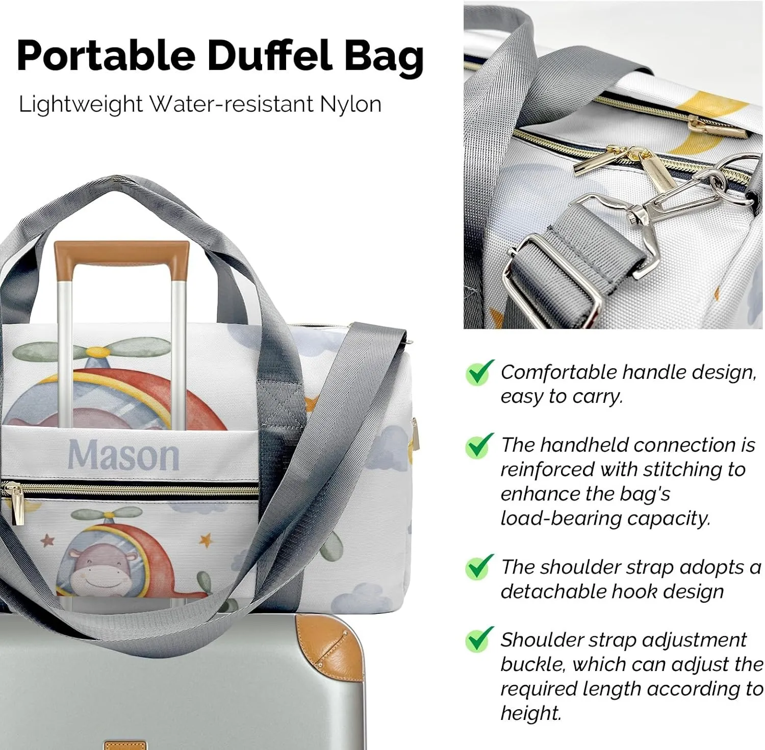 Hippo Helicopter Watercolor Personalized Duffel Bag,Custom Travel Gym Bag with Name,Waterproof Sports Overnight Bag with Shoe Compartment & Shoulder Strap