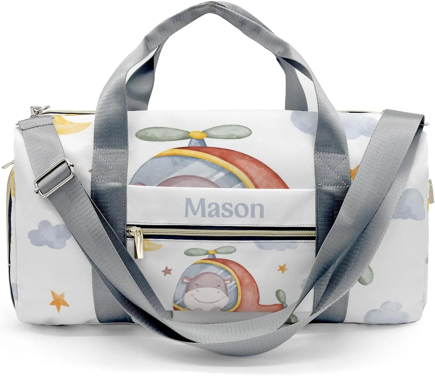 Hippo Helicopter Watercolor Personalized Duffel Bag,Custom Travel Gym Bag with Name,Waterproof Sports Overnight Bag with Shoe Compartment & Shoulder Strap