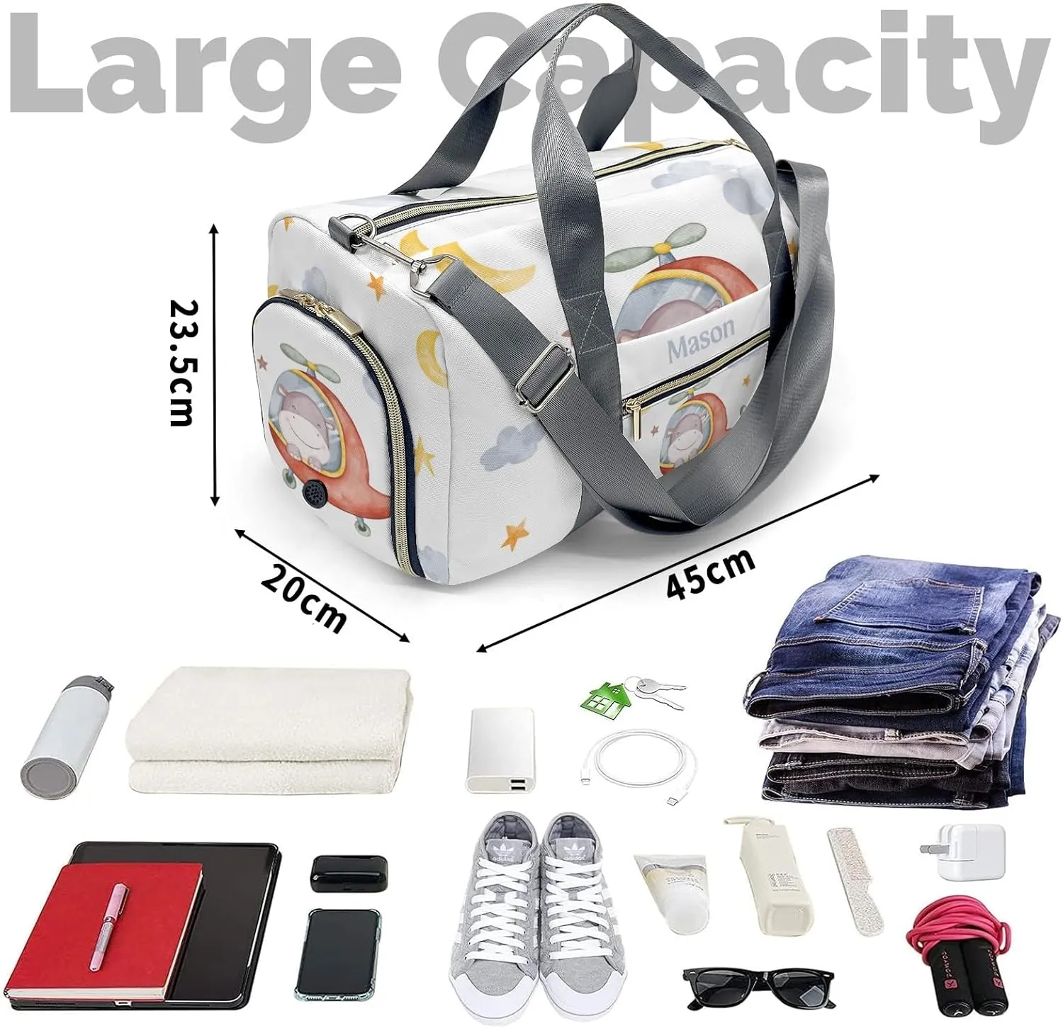 Hippo Helicopter Watercolor Personalized Duffel Bag,Custom Travel Gym Bag with Name,Waterproof Sports Overnight Bag with Shoe Compartment & Shoulder Strap