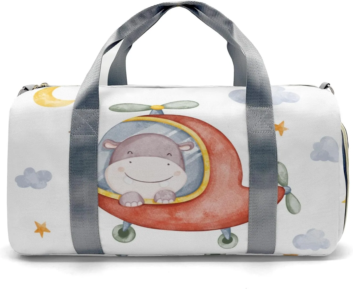 Hippo Helicopter Watercolor Personalized Duffel Bag,Custom Travel Gym Bag with Name,Waterproof Sports Overnight Bag with Shoe Compartment & Shoulder Strap