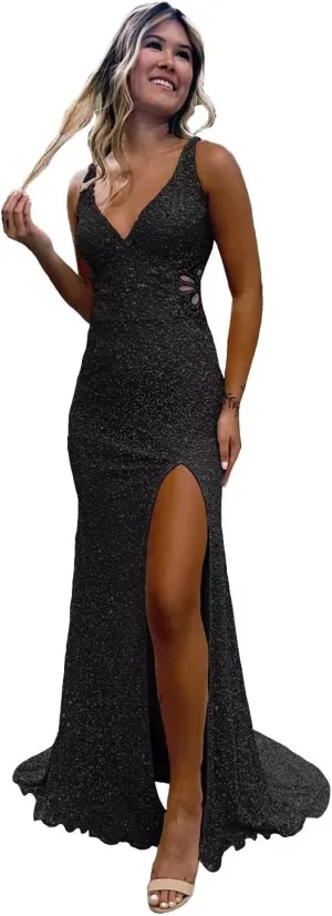 Hollow-Out Beaded Mermaid Prom Dresses for Women 2025 Sparkly Sequin Open Back Formal Evening Party Gown