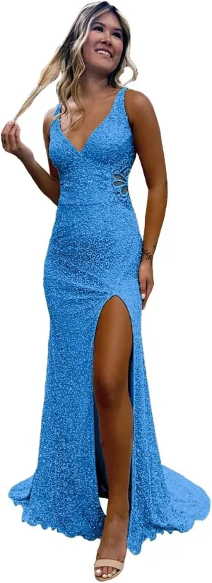 Hollow-Out Beaded Mermaid Prom Dresses for Women 2025 Sparkly Sequin Open Back Formal Evening Party Gown