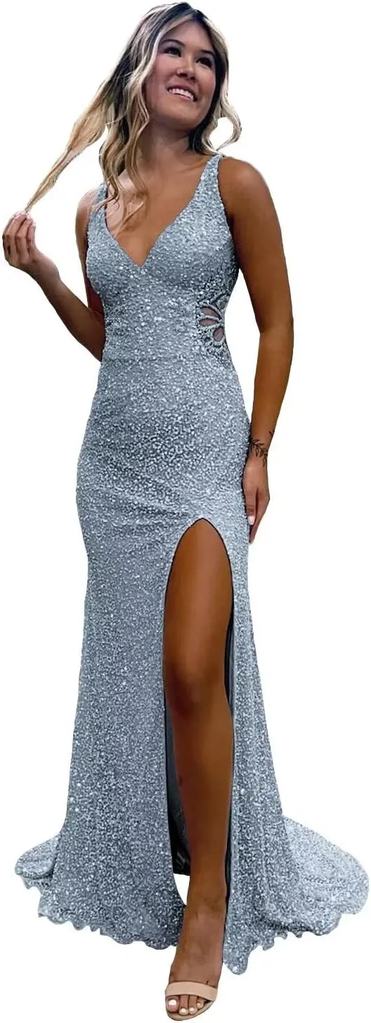 Hollow-Out Beaded Mermaid Prom Dresses for Women 2025 Sparkly Sequin Open Back Formal Evening Party Gown