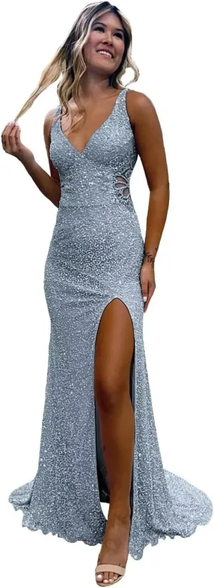 Hollow-Out Beaded Mermaid Prom Dresses for Women 2025 Sparkly Sequin Open Back Formal Evening Party Gown