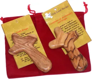 Holy Land Market 2 Olive Wood Caring/Holding Cross with Bag (Gift Kit)