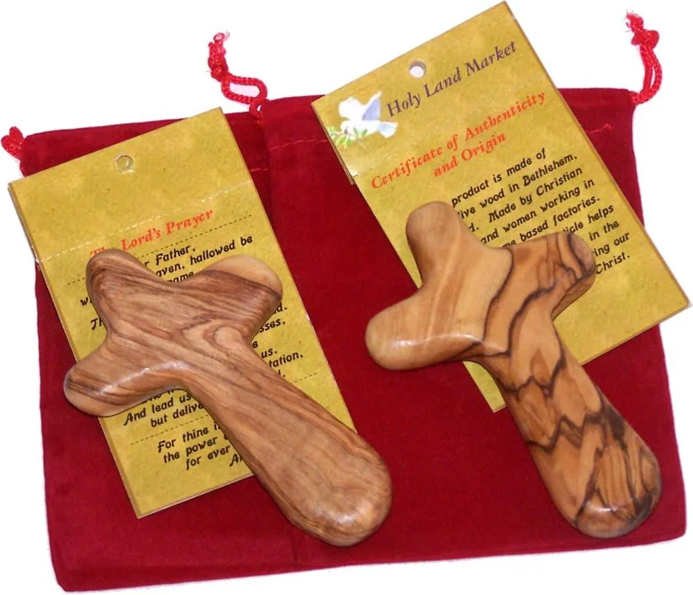 Holy Land Market 2 Olive Wood Caring/Holding Cross with Bag (Gift Kit)