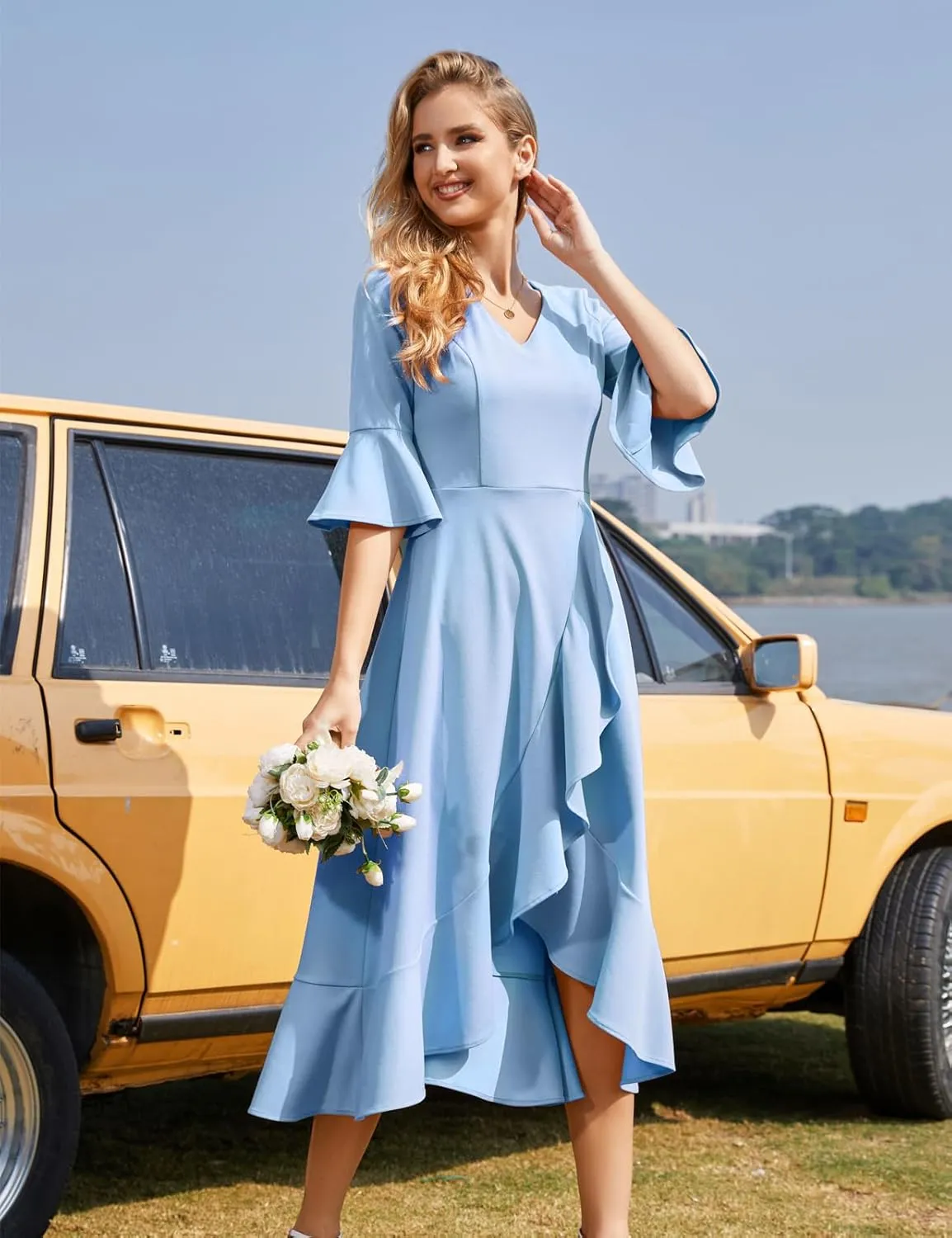 HomRain Wedding Guest Formal Dress for Women Elegant Cocktail Mother of The Bride Dress V-Neck for Prom Graduation