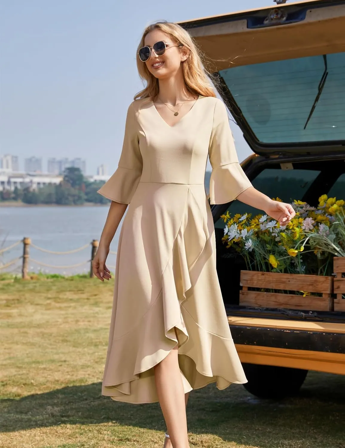 HomRain Wedding Guest Formal Dress for Women Elegant Cocktail Mother of The Bride Dress V-Neck for Prom Graduation