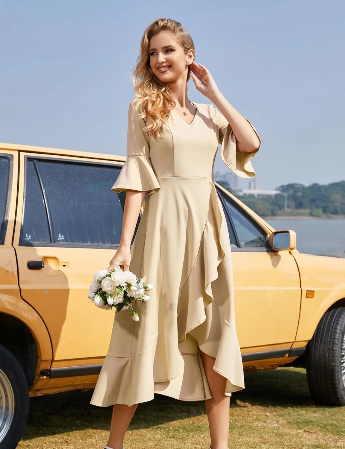 HomRain Wedding Guest Formal Dress for Women Elegant Cocktail Mother of The Bride Dress V-Neck for Prom Graduation