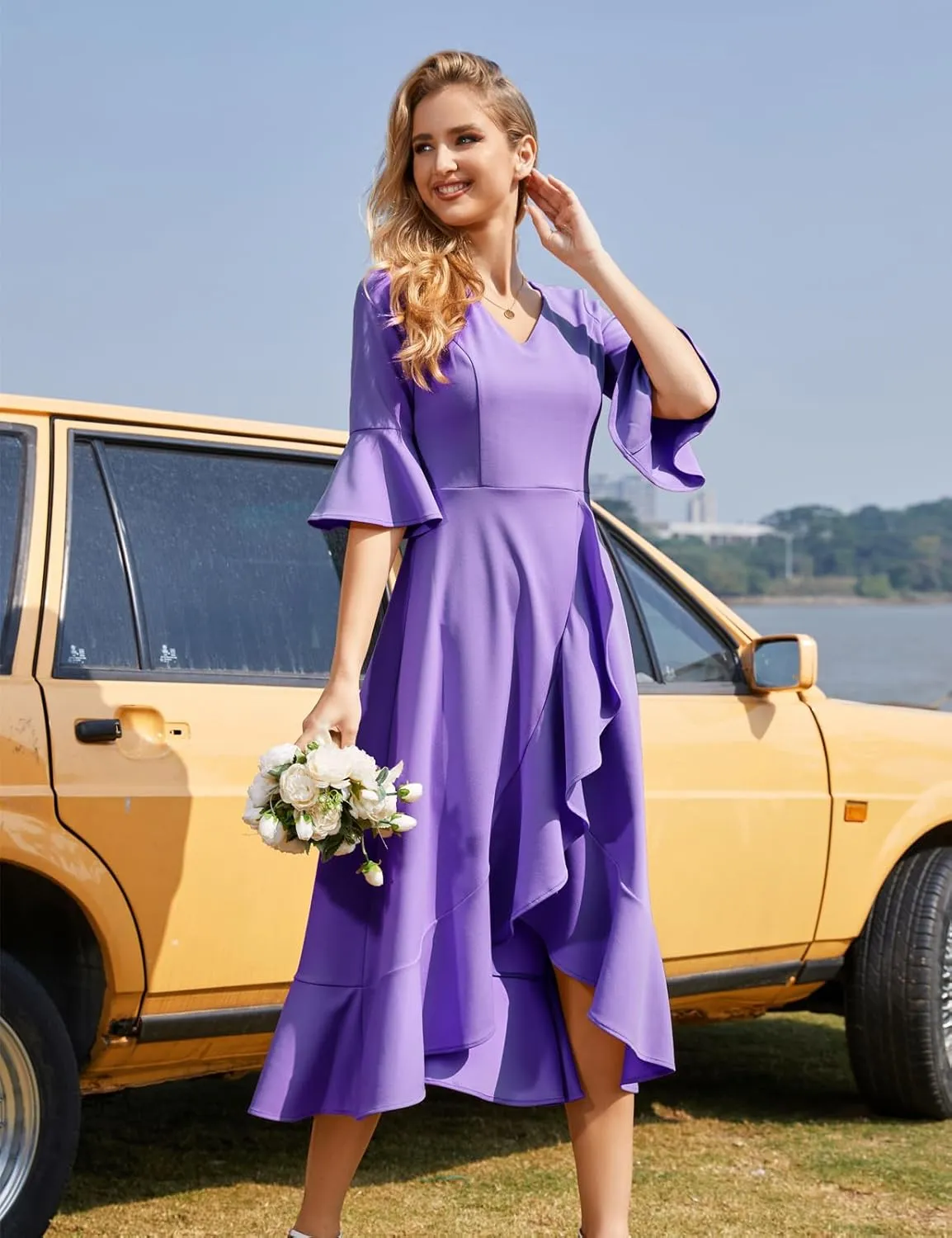 HomRain Wedding Guest Formal Dress for Women Elegant Cocktail Mother of The Bride Dress V-Neck for Prom Graduation