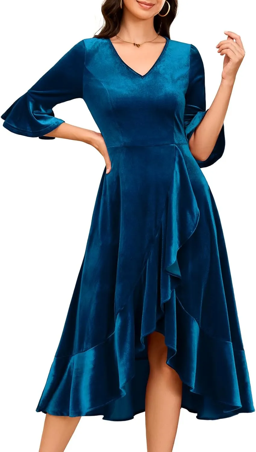 HomRain Women's Velvet Dress V Neck Bell Sleeve Fall Dress for Women Ruffle Split Christmas Party Dress