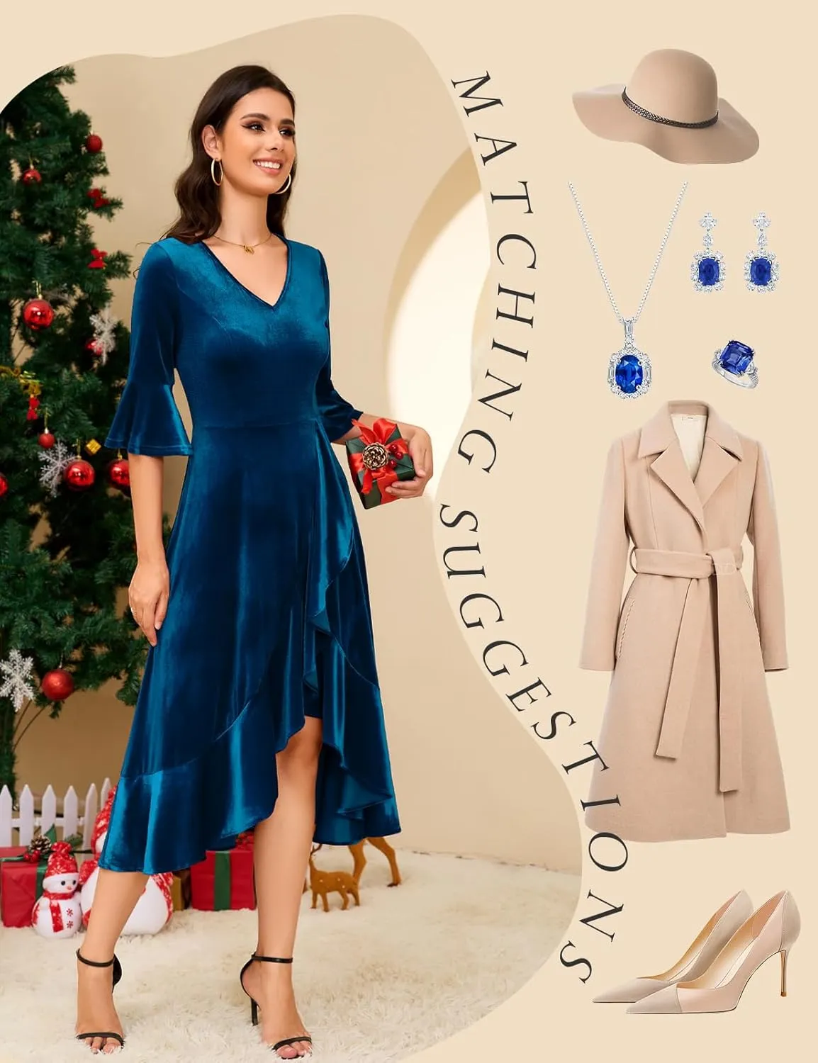 HomRain Women's Velvet Dress V Neck Bell Sleeve Fall Dress for Women Ruffle Split Christmas Party Dress