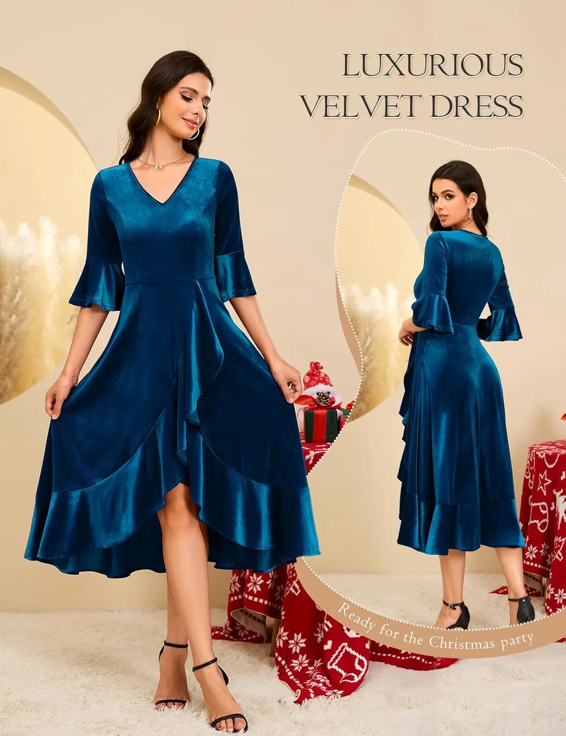HomRain Women's Velvet Dress V Neck Bell Sleeve Fall Dress for Women Ruffle Split Christmas Party Dress