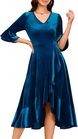 HomRain Women's Velvet Dress V Neck Bell Sleeve Fall Dress for Women Ruffle Split Christmas Party Dress