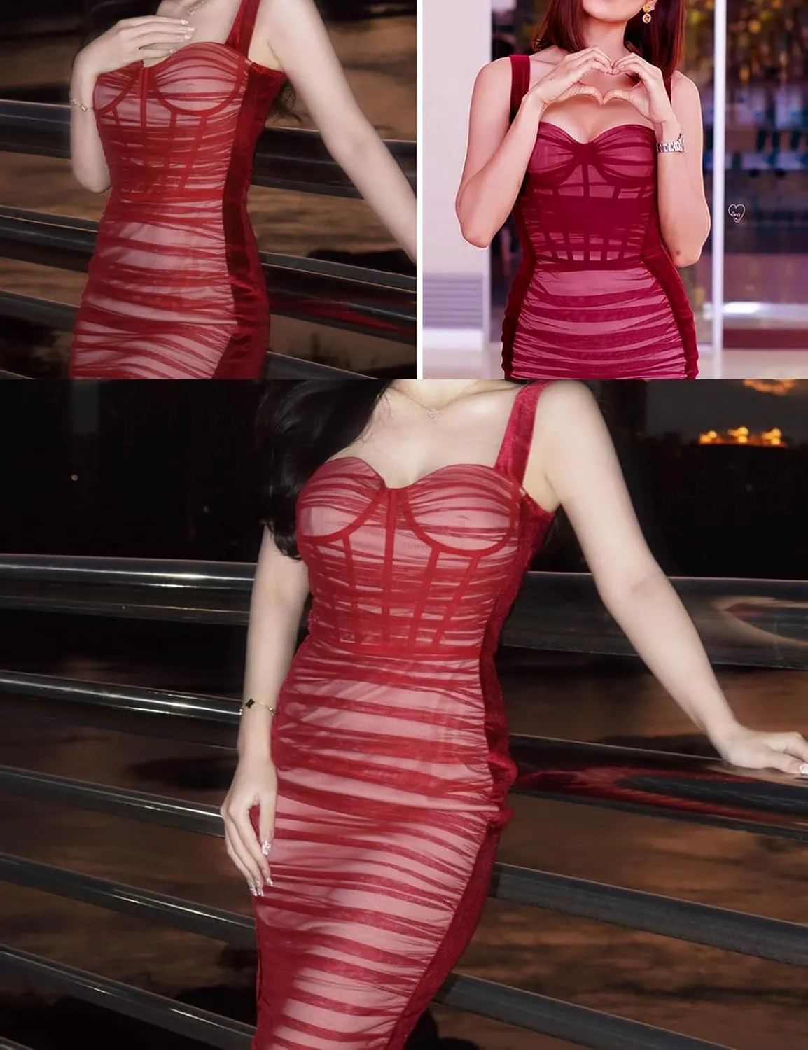 houstil Women's Strap Wedding Guest Dress Velvet Mesh Bodycon Cocktail Party Fishbone Mini Clubwear