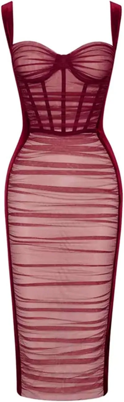 houstil Women's Strap Wedding Guest Dress Velvet Mesh Bodycon Cocktail Party Fishbone Mini Clubwear