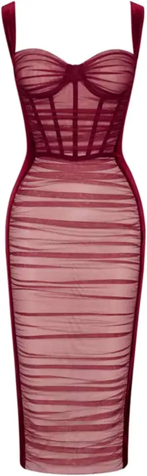 houstil Women's Strap Wedding Guest Dress Velvet Mesh Bodycon Cocktail Party Fishbone Mini Clubwear