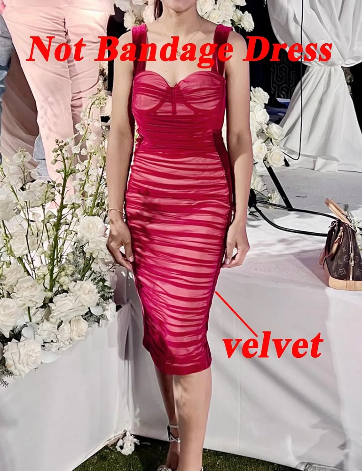 houstil Women's Strap Wedding Guest Dress Velvet Mesh Bodycon Cocktail Party Fishbone Mini Clubwear