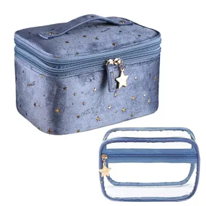 HOYOFO Double-layer Makeup Bags for Women Multifunctional Travel Cosmetic Bag Set of 2 Velvet Cosmetic Storage Case with Brush Holders (F-Blue Set)