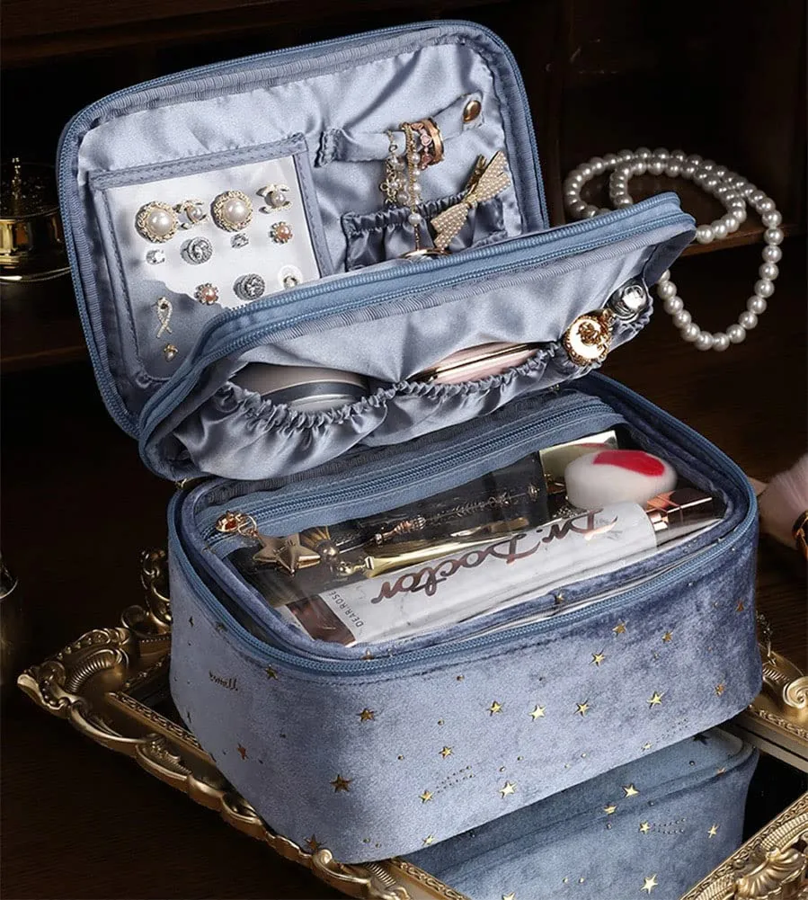 HOYOFO Double-layer Makeup Bags for Women Multifunctional Travel Cosmetic Bag Set of 2 Velvet Cosmetic Storage Case with Brush Holders (F-Blue Set)