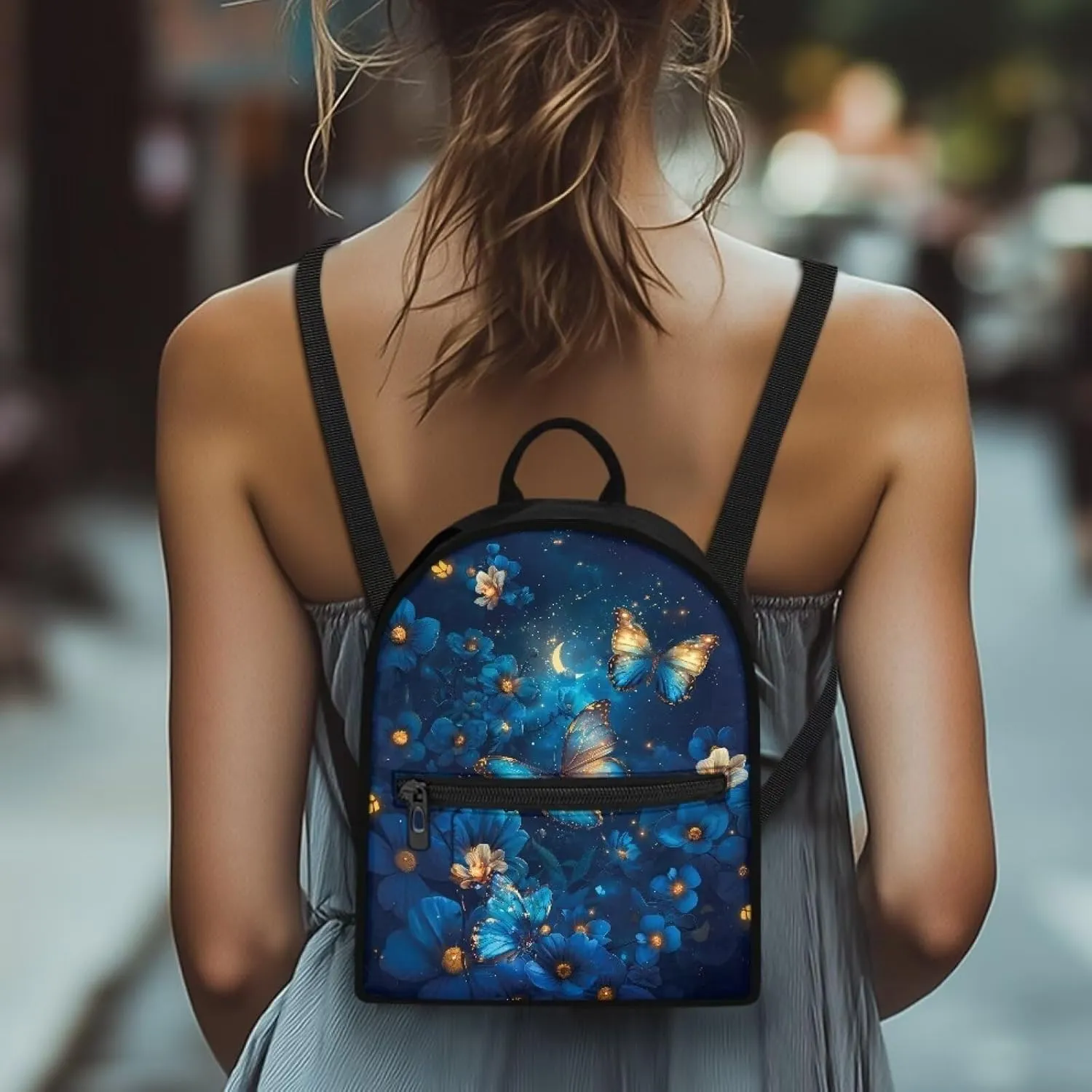 HUGS IDEA Blue Butterfly Backpack for Women Fashion Mini Backpack Purse for Lady Teenager School Bags Small Cell Phone Backpacks for Travel Small Shoulder Bag for Work