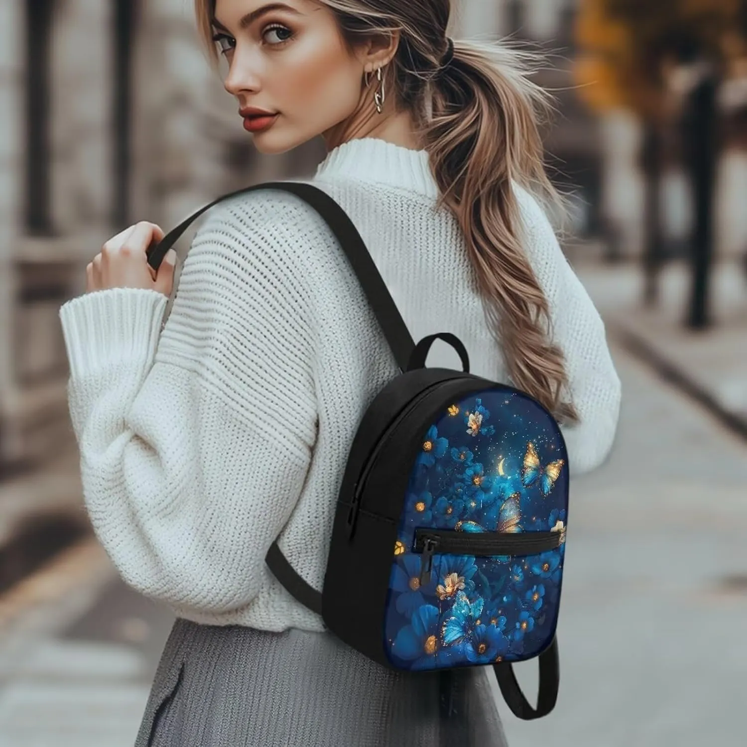 HUGS IDEA Blue Butterfly Backpack for Women Fashion Mini Backpack Purse for Lady Teenager School Bags Small Cell Phone Backpacks for Travel Small Shoulder Bag for Work
