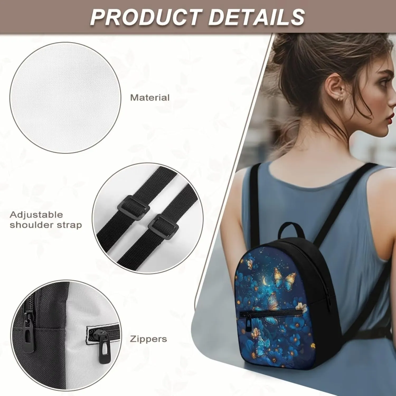 HUGS IDEA Blue Butterfly Backpack for Women Fashion Mini Backpack Purse for Lady Teenager School Bags Small Cell Phone Backpacks for Travel Small Shoulder Bag for Work