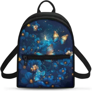 HUGS IDEA Blue Butterfly Backpack for Women Fashion Mini Backpack Purse for Lady Teenager School Bags Small Cell Phone Backpacks for Travel Small Shoulder Bag for Work