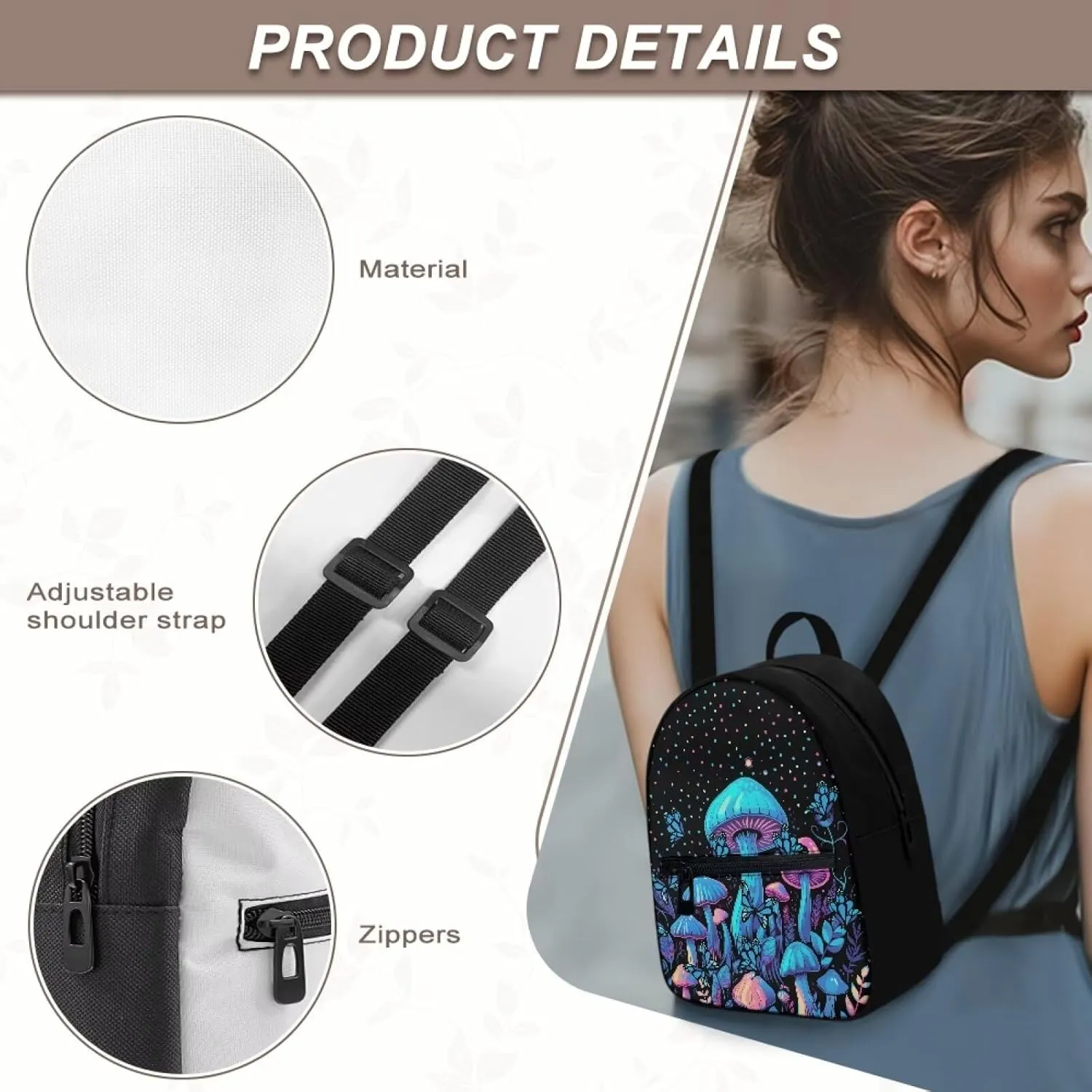 HUGS IDEA Blue Mushroom Backpack for Women Travel Backpack Purse Mini Polyester Backpacks for Ladies Small Shoulder Bag Casual Tote Bags Handbag Black Mini Travel Backpack