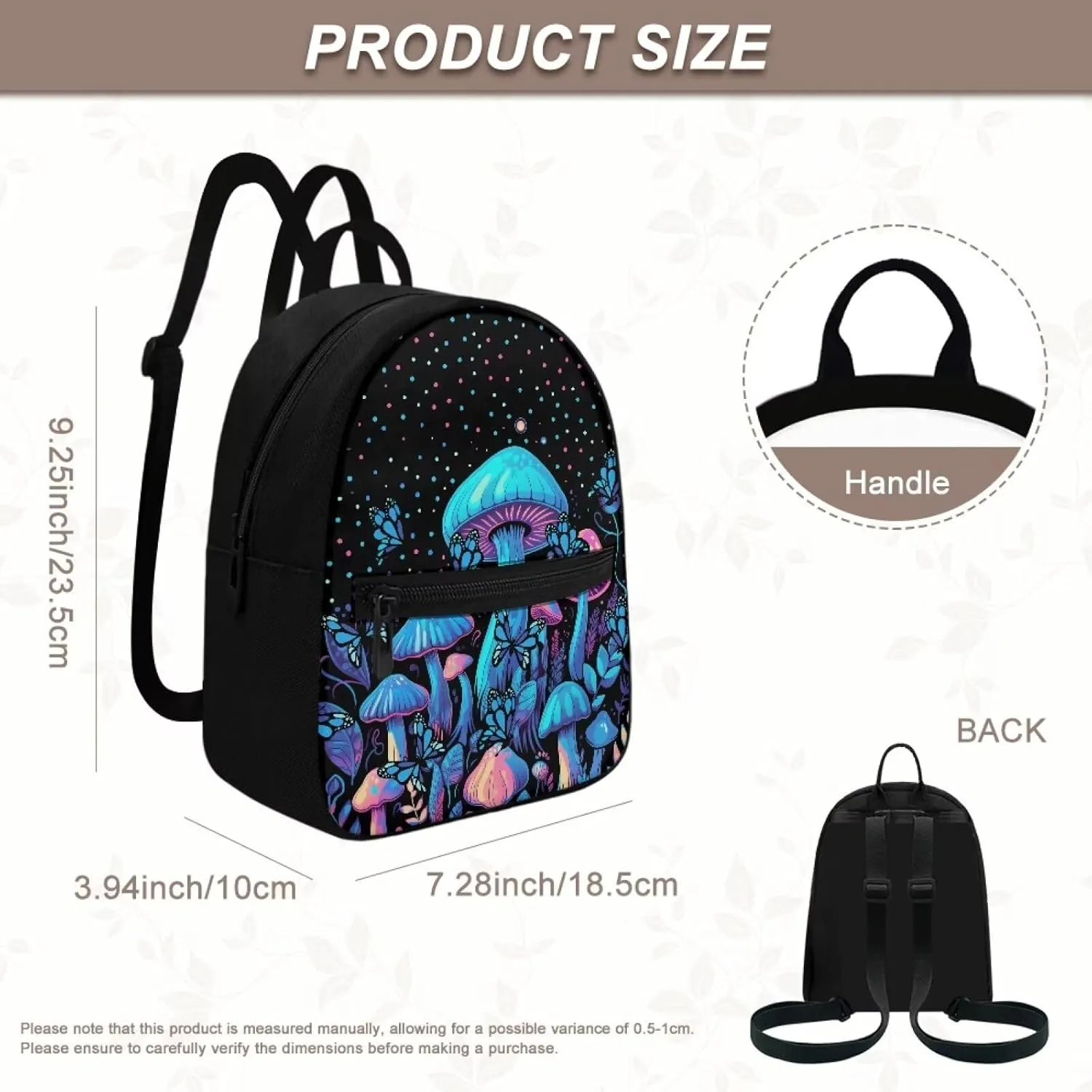 HUGS IDEA Blue Mushroom Backpack for Women Travel Backpack Purse Mini Polyester Backpacks for Ladies Small Shoulder Bag Casual Tote Bags Handbag Black Mini Travel Backpack