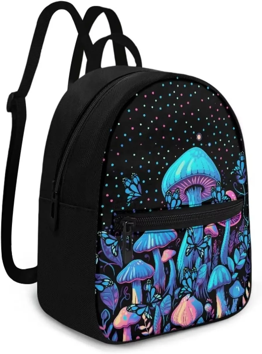 HUGS IDEA Blue Mushroom Backpack for Women Travel Backpack Purse Mini Polyester Backpacks for Ladies Small Shoulder Bag Casual Tote Bags Handbag Black Mini Travel Backpack