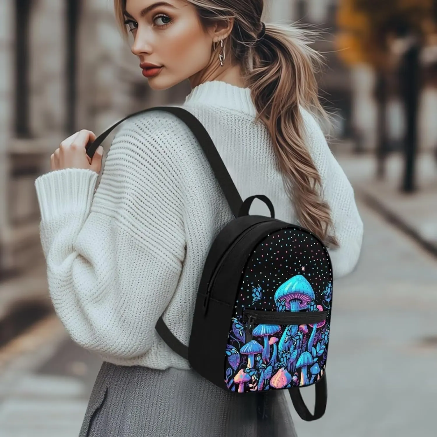 HUGS IDEA Blue Mushroom Backpack for Women Travel Backpack Purse Mini Polyester Backpacks for Ladies Small Shoulder Bag Casual Tote Bags Handbag Black Mini Travel Backpack