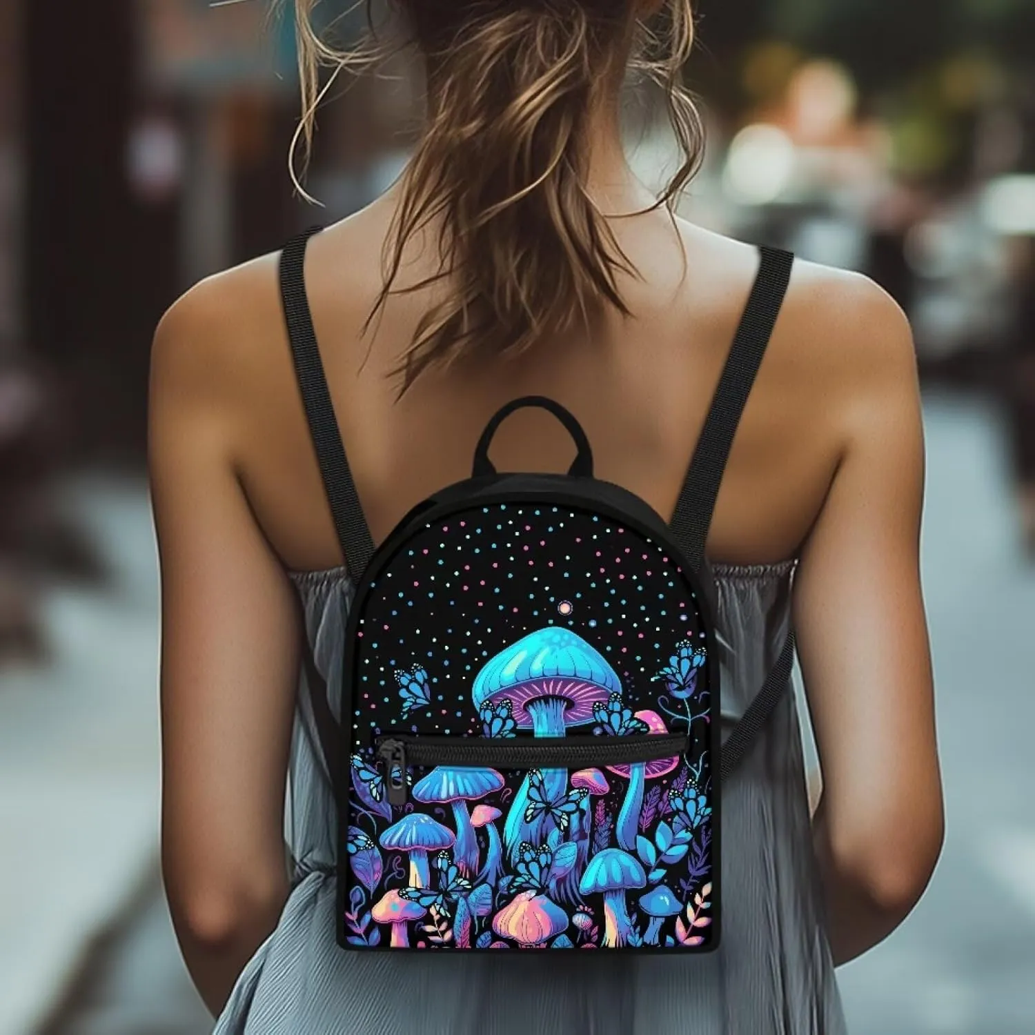 HUGS IDEA Blue Mushroom Backpack for Women Travel Backpack Purse Mini Polyester Backpacks for Ladies Small Shoulder Bag Casual Tote Bags Handbag Black Mini Travel Backpack
