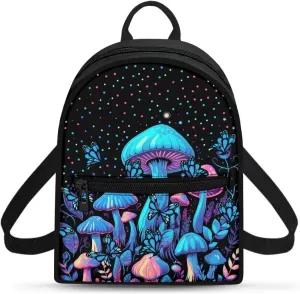 HUGS IDEA Blue Mushroom Backpack for Women Travel Backpack Purse Mini Polyester Backpacks for Ladies Small Shoulder Bag Casual Tote Bags Handbag Black Mini Travel Backpack